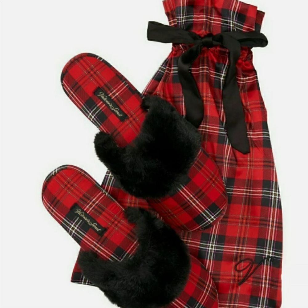 Victoria secret slippers bolplaid black/red shoes New